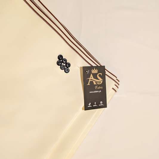 Beige fabric with brown stripes and a label on a beige background