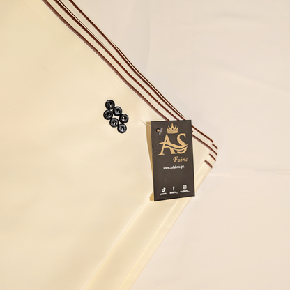 Beige fabric with brown stripes and a label on a beige background