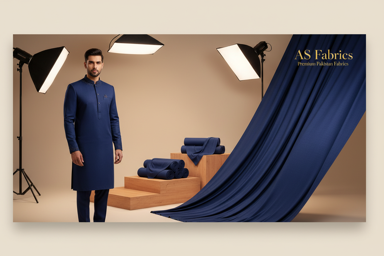 Create a modern and elegant website banner for “AS Fabrics” unstitched men’s suits. Feature a Pakistani male model wearing a deep blue shalwar kameez, showing how the fabric looks when worn. Place folded blue unstitched fabric beside the model. Background should be light neutral or soft gradient with minimal design. Clean lighting, classy atmosphere, modern Pakistani men fashion style. Brand name “AS Fabrics” clearly visible. High resolution, realistic cloth details, premium homepage banner.